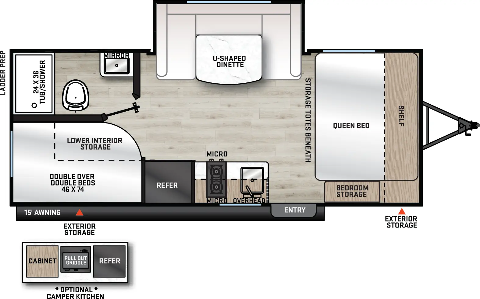 The Catalina Summit Series 7 184BHSX floorplan has one entry and one slide out. Exterior features include: metal exterior, 15' awning and outside kitchen. Interiors features include: bunk beds, u-dinette and front bedroom.